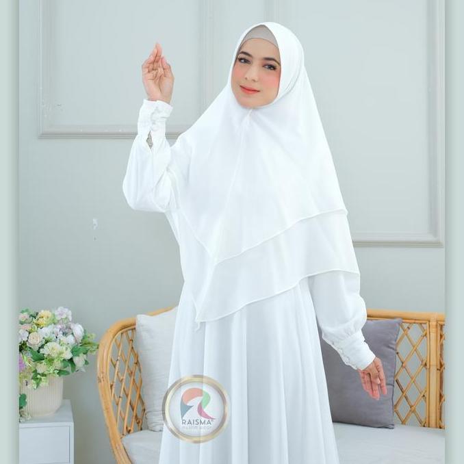 Murah Raisma - Mafaza Gamis Syar'I Putih Set Khimar Yulita Bahan Ceruti Babydoll Baju Umroh Haji Mus