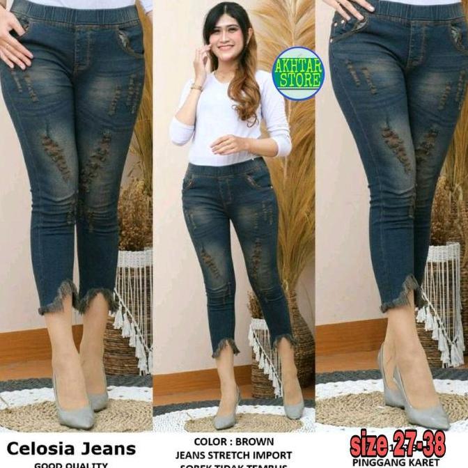 Limited (Akhtar-Jeans) Celosia Jeans 7/9 Pinggang Full Karet Bahan Celana Melar Tebal Panjang Jeans 