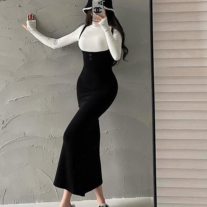 One Set Turtle Neck Long Sleeve Top + Strap Midi Dress 1570 (S/M/L/XL)