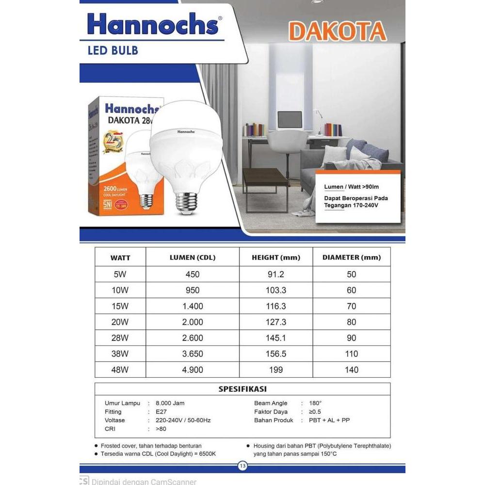 Lighzx- Hannochs Dakota Lampu Bohlam Led Bulb Tabung Cahaya Putih 15W 15 Watt
