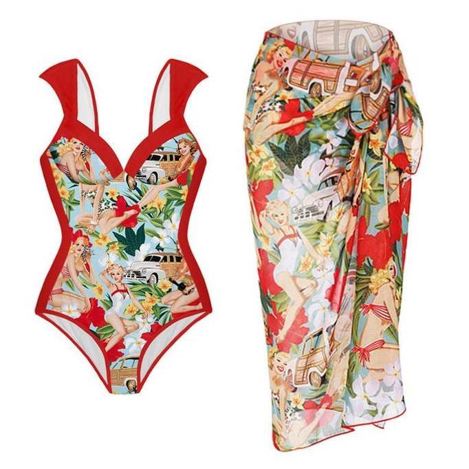 BARBIE red bustier swimsuit wanita baju renang bali + cover up bikini