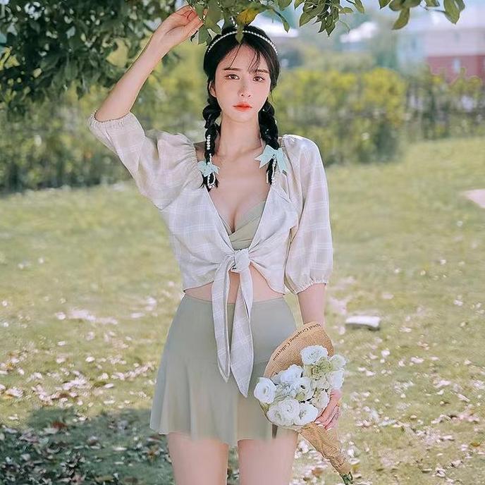 patricia set baju renang 3pcs wanita outer lengan pendek + celana rok