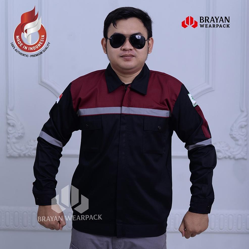 Baju Safety Lengan Panjang Wearpack K3 Reflektif Bahan American Drill Warna Hitam Merah