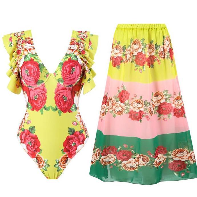 MELODY yellow flower swimsuit one piece woman + skirt outer / baju renang wanita / korean swimwear /