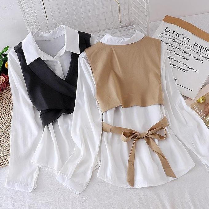 Premium Atasan Blouse Wanita Korean Style Davina Top Deandra 2In1 Dengan Rompi Gratis - Panjang, Baj