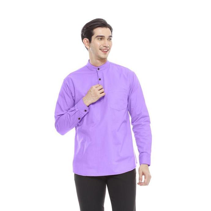 Grosir Outskirts - Kemeja Koko Lilac Pria Lengan Panjang | Kemeja Koko Pria Ungu Slim Fit Katun Musl