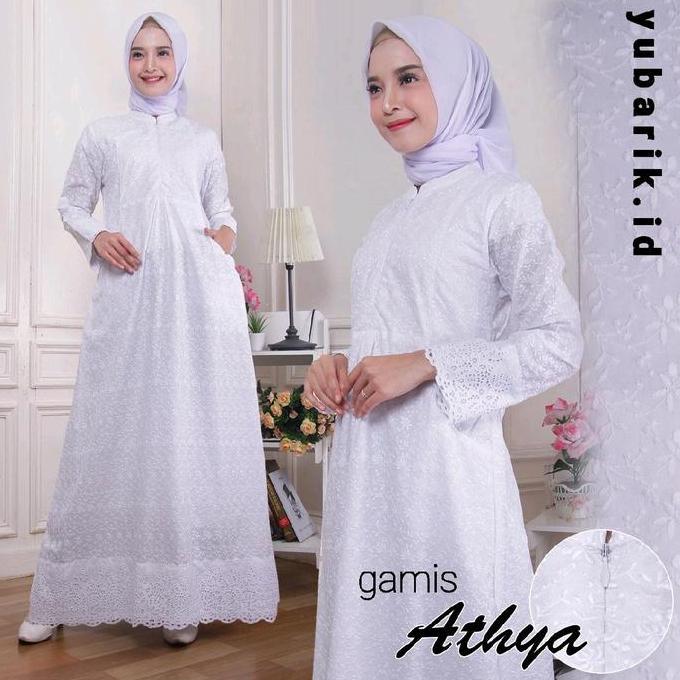 Grosir Gamis Athya Katun Paris Bordir Renda Putih | Dress Muslim Haji Umroh & Lebaran Mewah | Yubari