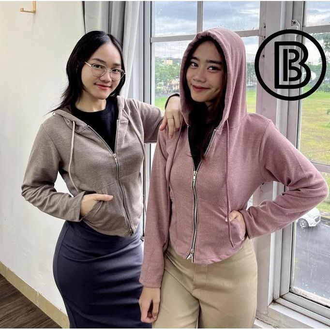 Hoodie knit crop top  sweateer Double Zipper Crop Pakaian Wanita kekinian