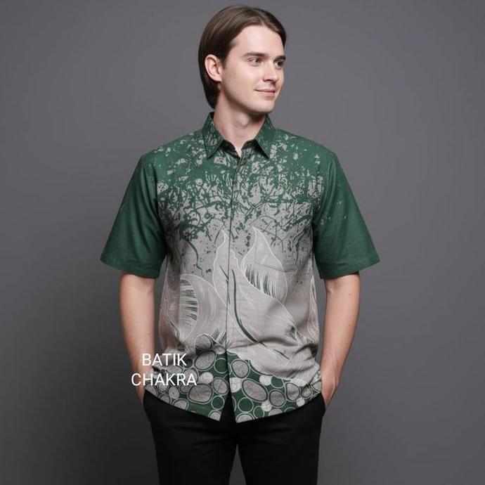 Hem batik pria HIJAU BOTOL lengan pendek bahan katun lapis furing motif terbaru kt15