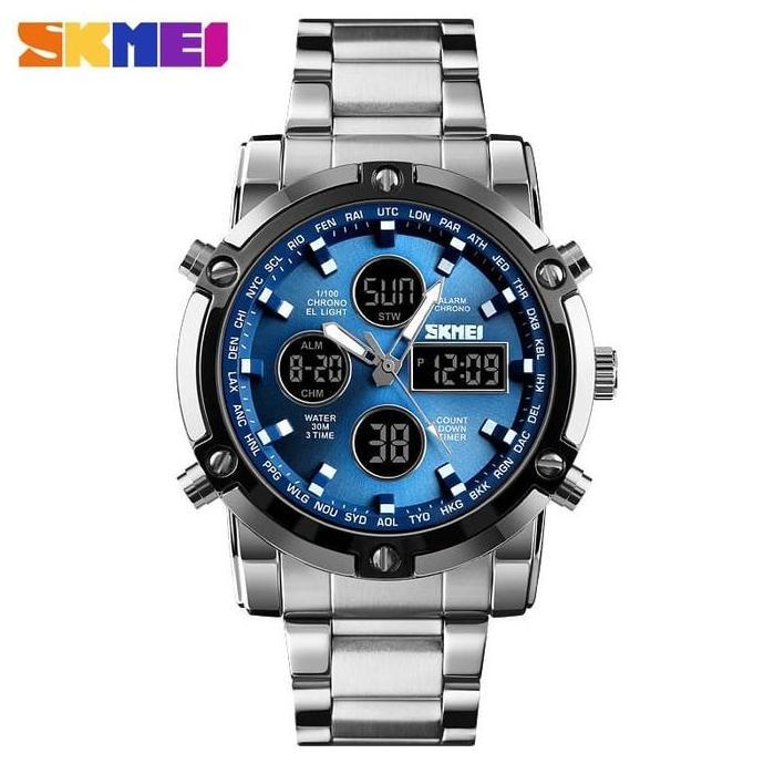 Wgwg- Jam Tangan Pria Digital Skmei 1389 Silverblue Water Resistant 30M