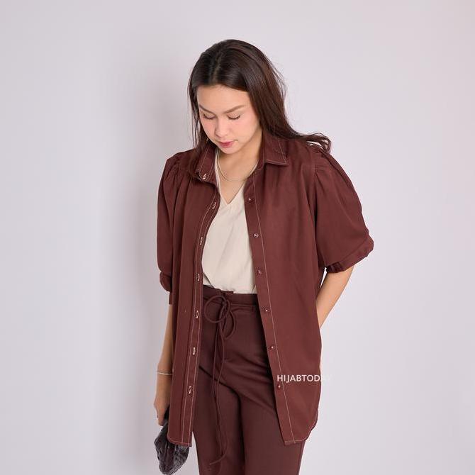 Carla Shirt HT by Fashiontoday - Kemeja Premium Wanita Lengan Puff Contrast Stitching  - Bisa Sampai