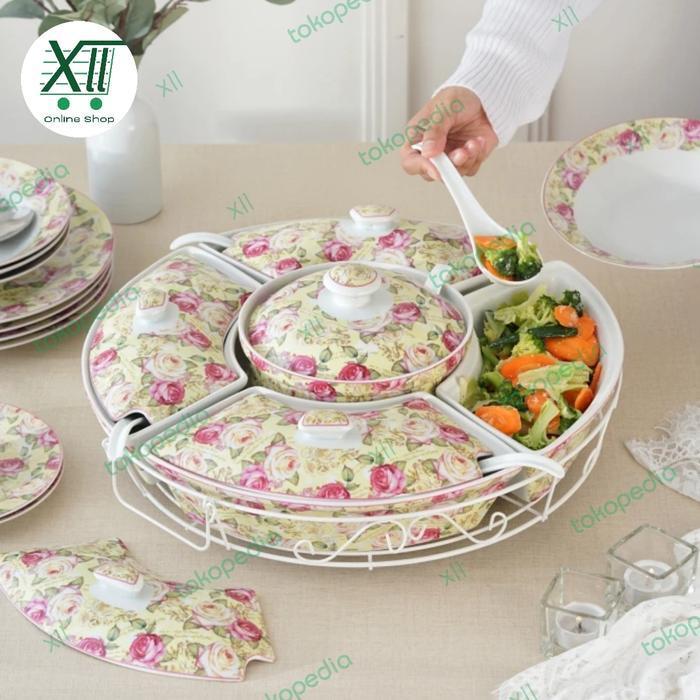 VICENZA HA~14 ROSE Round Roller Bowl Set Wadah Saji Prasmanan 5 Sekat