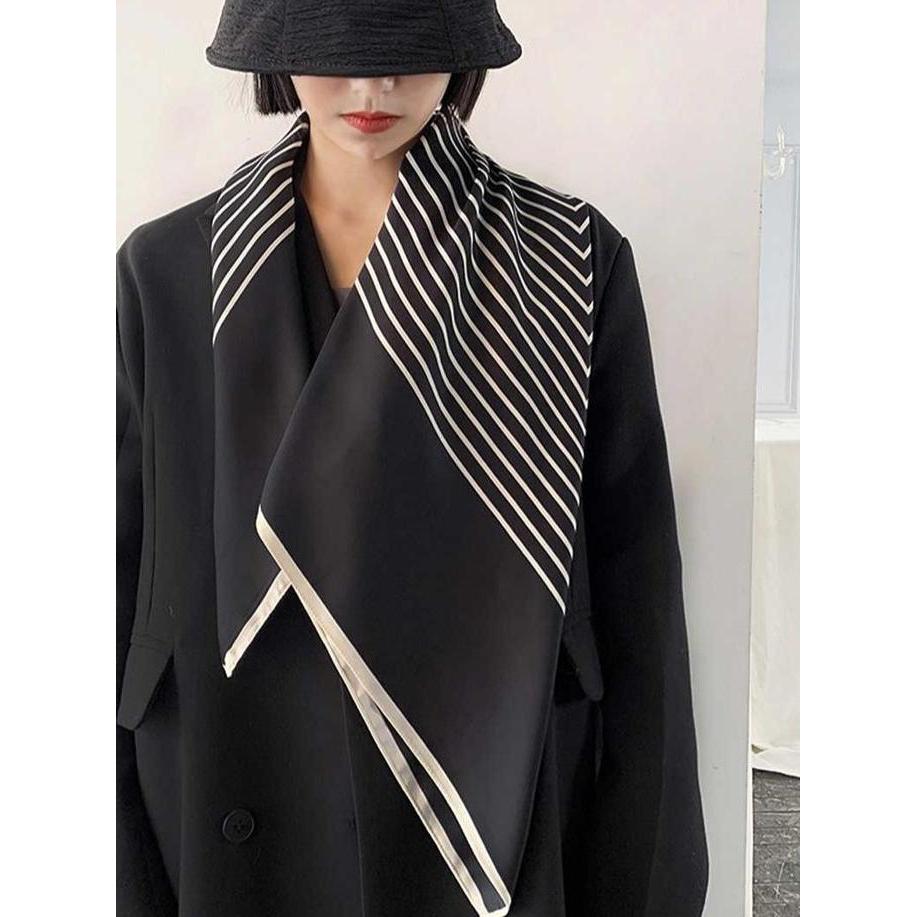 Whynot- 90*90Cm Syal Sutra Imitasi Shawl Hijab Segi Empat Besar Wanita Temperamen Sederhana Bergaris
