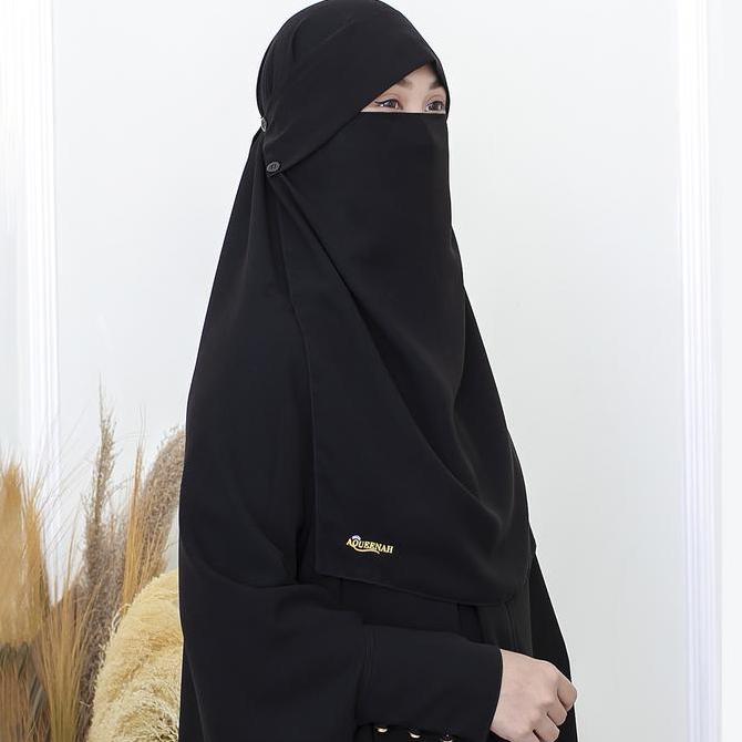 Aqueenah Niqab Khaulah Cadar Bandana Poni Kancing Kain Sifon Silk Jetblack