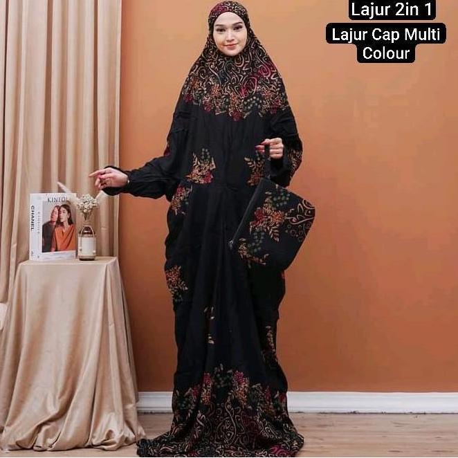 Otwkirim- Mukenah Batik Lajur Cap Rayon Super Hitam Sogan Nyaman Pekalongan Standar Traveling Muslim
