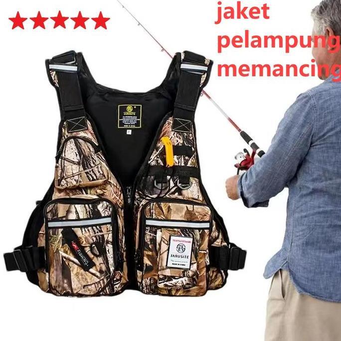 Rompi Pancing Lure Fishing Life Jacket Buoyancy Vest Army Green Slot Swimming Rescue Boating