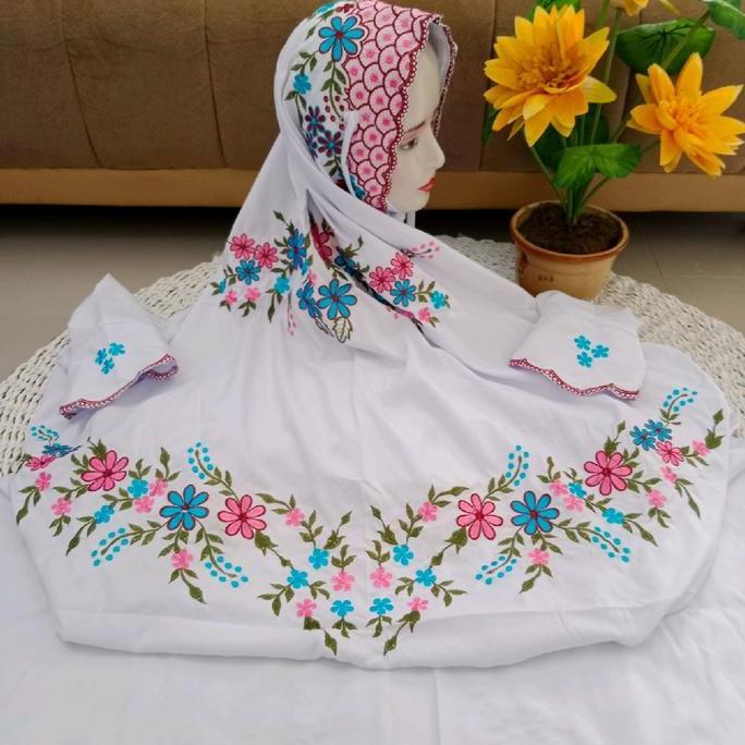 Otwkirim- Arrahman Mukena - Mukena Terusan Bordir Santri Mukena Lajuran Mukena Putih Mukena Bunga An