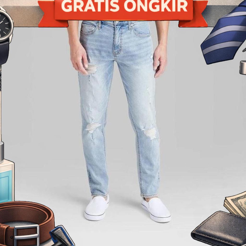 Men Ripped Jeans Slim Fit Light Blue Original - Celana Jeans Sobek-Sobek Pria Branded
