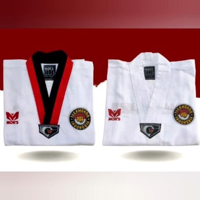 Baju seragam Taekwondo/DOBOK moks pemula MOK'S kerah putih/merah hitam
