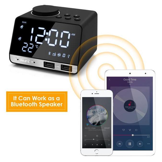 Jam Meja Bluetooth Speaker Alarm Clock FM Radio Dual USB Charge - Speaker Portable - Jam Digital - K