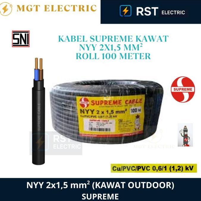 Supreme Nyy 2X1.5 Mm Rol 100 Meter / Kabel Listrik Hitam Kawat Tunggal Supreme Nyy 2X1,5 Rol 100M Ne