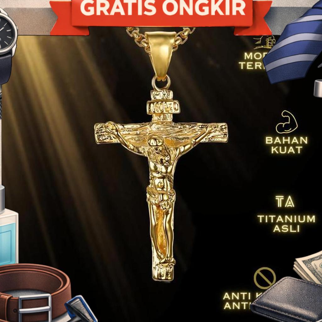 Kalung Salib Yesus Pria Katolik - Kalung Salib Corpus Titanium Asli Anti Karat