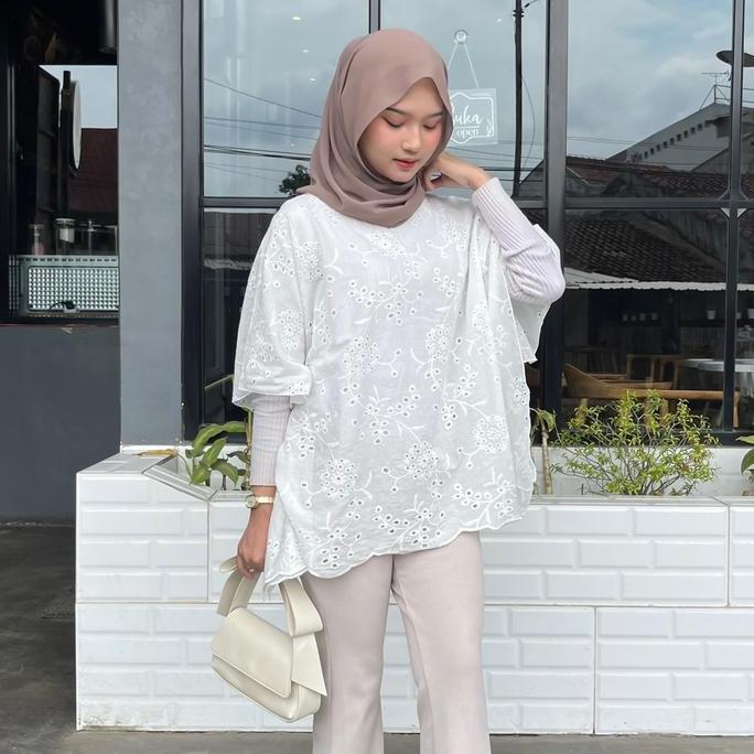 Raia Kaftan Outer Bordir - Kaftan Lebaran - Outer Kaftan-baju bordir wanita Katun Muslim Putih