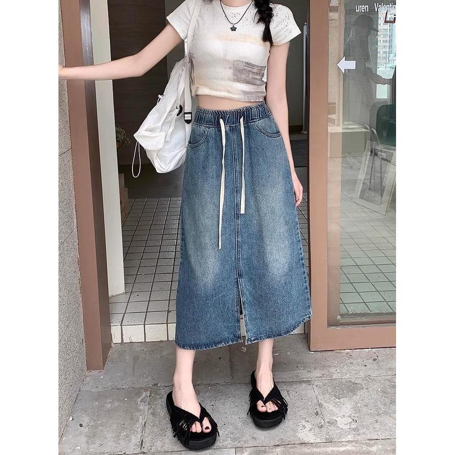 BEST SELLER / PREMIUM Jumbo midi rok span karet Skirt split depan rok denim korean style a line rok 