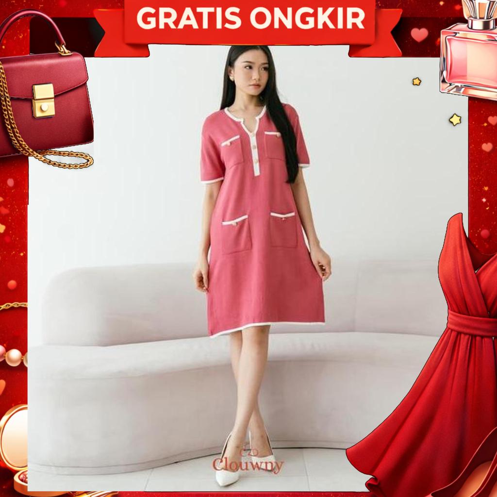 Clouwny Ventura Knit Dress Wanita Lengan Pendek Simple Elegant Premium Knit Fit To Xxl Gaun Midi Bas