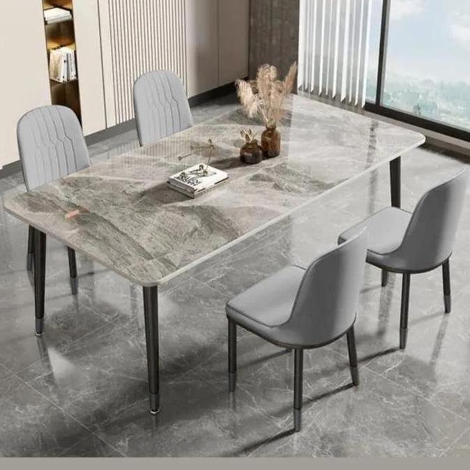 Terlaris Top Table Meja Makan Marmer 4 Kursi Set Motif Marmar Bahan Porcelain & Jok Oscar Rangka Bes