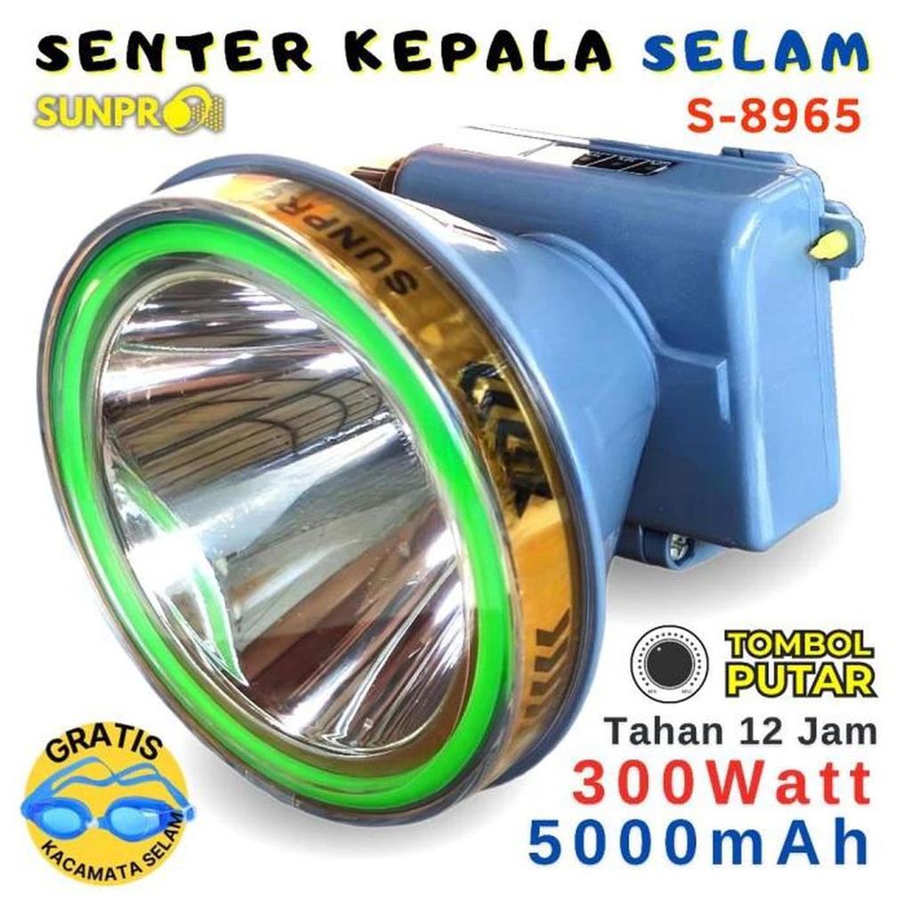 Senter Kepala Selam SUNPRO S-8965 300 Watt | Senter Kepala Diving Super Terang Cahaya Putih Sunpro S