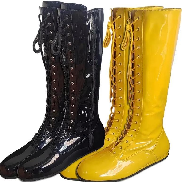 Hogan Wrestling Boots Yellow Black Pro Lace Up Costume Ring Boots Mens High Top Leather Boots Wrestl