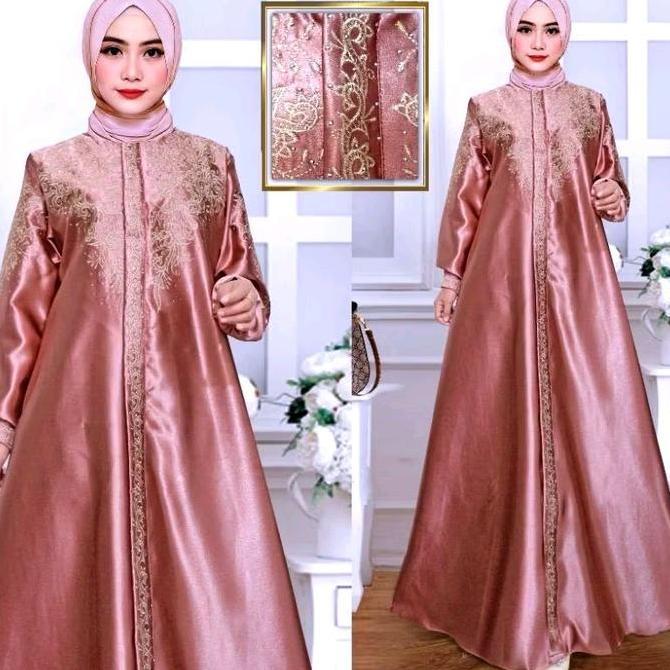 Nuriel Shop - Bordir Alma - Baju Gamis Wanita Model Terbaru Bahan Satin - Gamis Bordir Satin - Gamis