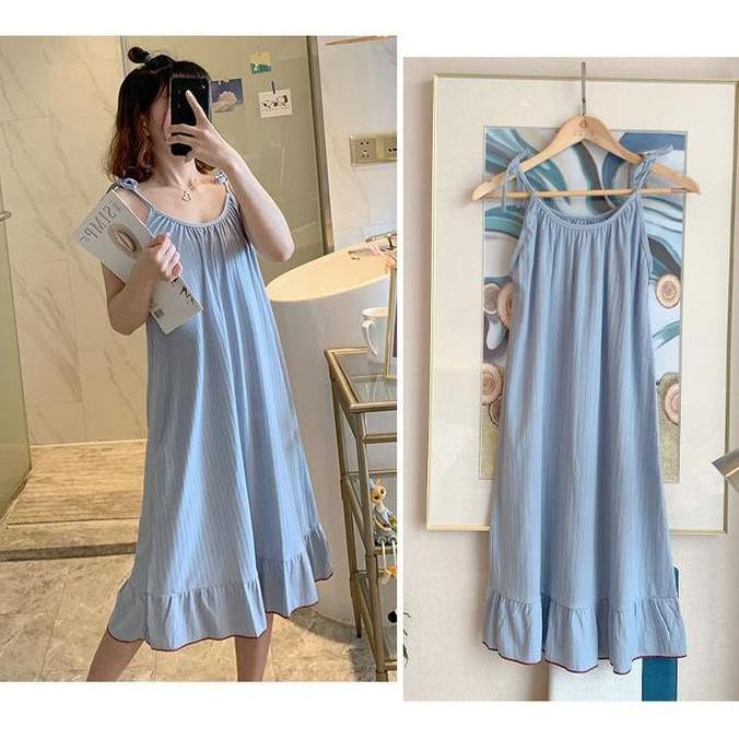 Terpopuler- Daster Korean Tali Satu Baju Tidur Wanita Dewasa Motif Polos Tanpa Lengan Dress Piyama U