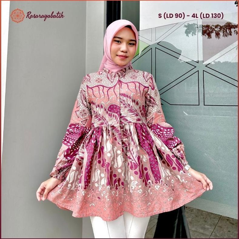 BEST SELLER RASARAYA BATIK CHAYA BLOUSE WANITA KATUN - ATASAN BATIK KERJA KANTOR SOFT PINK TANGAN BA
