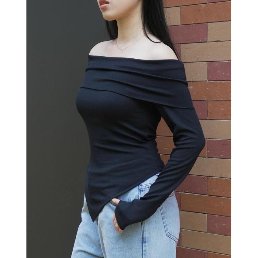 Topyoux- T-Shirt Off Shoulder Long Sleeve Asymmetrical1798 (S/M/L)