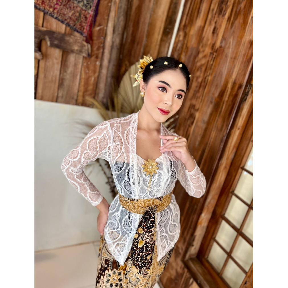 Hot Deals Kebaya Brokat Putih Bunga-Bunga Katun M-Xl