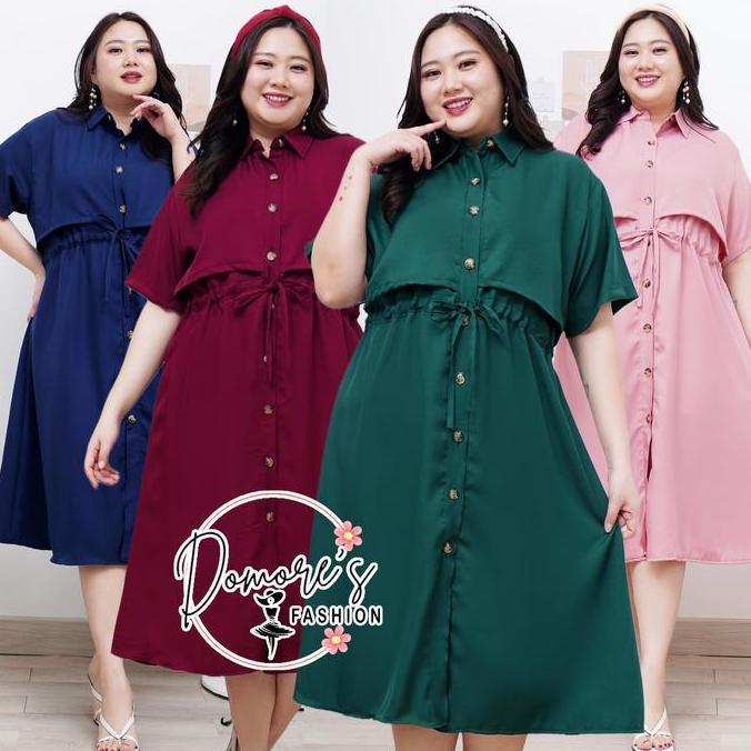 Promo Domore Dress Jumbo Wanita Casual Gaun Big Size Dewasa Kancing Wanita Lengan Pendek Polos Pakai