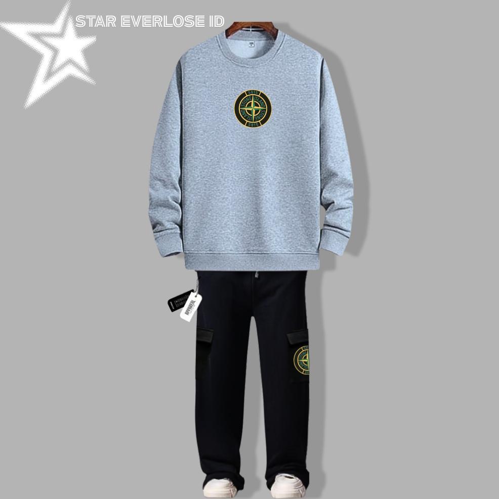 Grade Ori Oneset Crewneck Switer Celana Panjang Cargo Pria Wanita Distro Stelan Sweater Celana Cargo