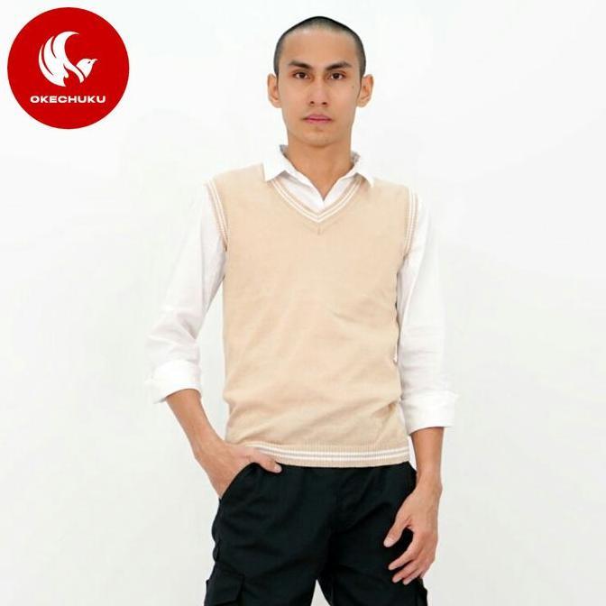 Boywings- Okechuku Rompi Rajut Pria Vest Rajut Pria Krem List Putih Vest Pria