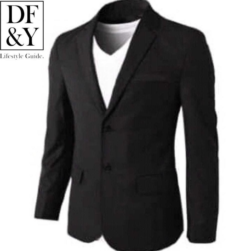 CUCI GUDANG PRYZA Jas Blazer Pria Hitam Polos Kancing  Dua / Hitam List Putih  / Jas Blazer Kerja Ka