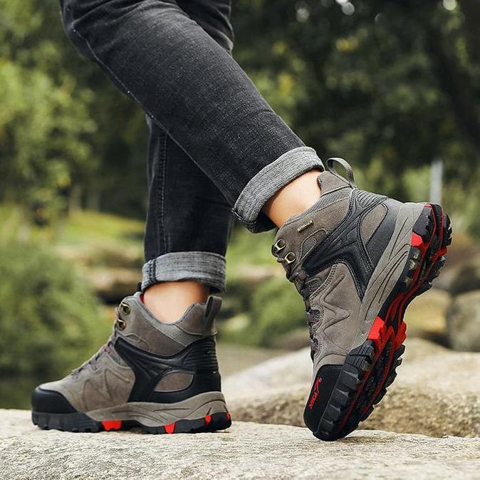Mouting- Sepatu Gunung Snta 496 - Grey Red Semi Waterproof + Tali Cadangan Outdoor 100% Original