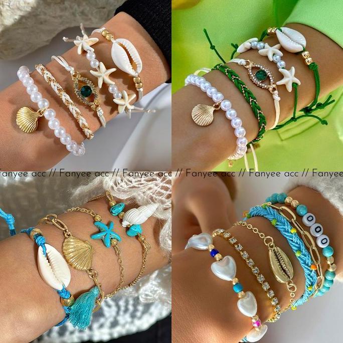 [Fanyee] Gelang set beranyam gaya Bohemia dengan imitasi kerang laut dan bintang laut Q1295