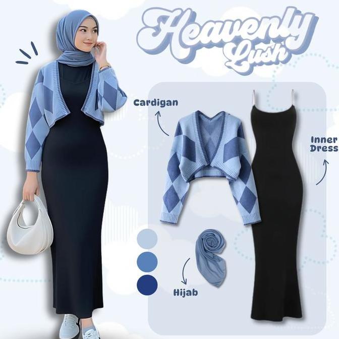 DI161 - Korean Style One Set 3 in 1 | Cardigan Rajut Biru + Inner Dress Slim-Fit + Bella Square Deni