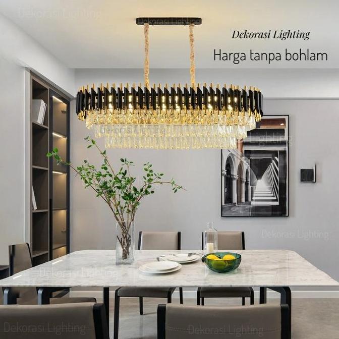 Lampu gantung kristal hitam gold 100cm panjang 15 lampu kristal 3susun