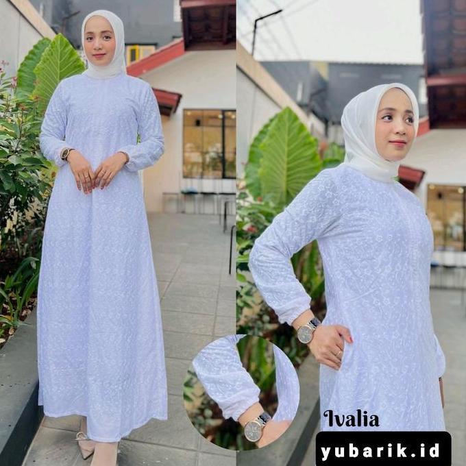 DV62 >> Gamis Ivalia Putih Busui Katun Paris Bordir Furing Nyaman | Yubarik