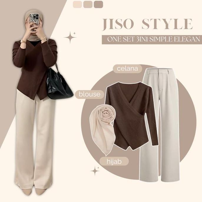 Terpopuler- One Set 3In1 Korean Style | Blouse Jiso + Celana Kulot + Hijab | Setelan Remaja Kekinian