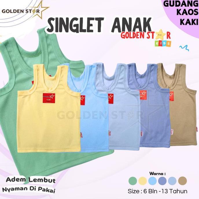 Instancodbisa- 1 Lusin /6 Pcs Singlet Kaos Dalam Anak Umur 0 - Anak Abg Golden Star Putih - Singlet 