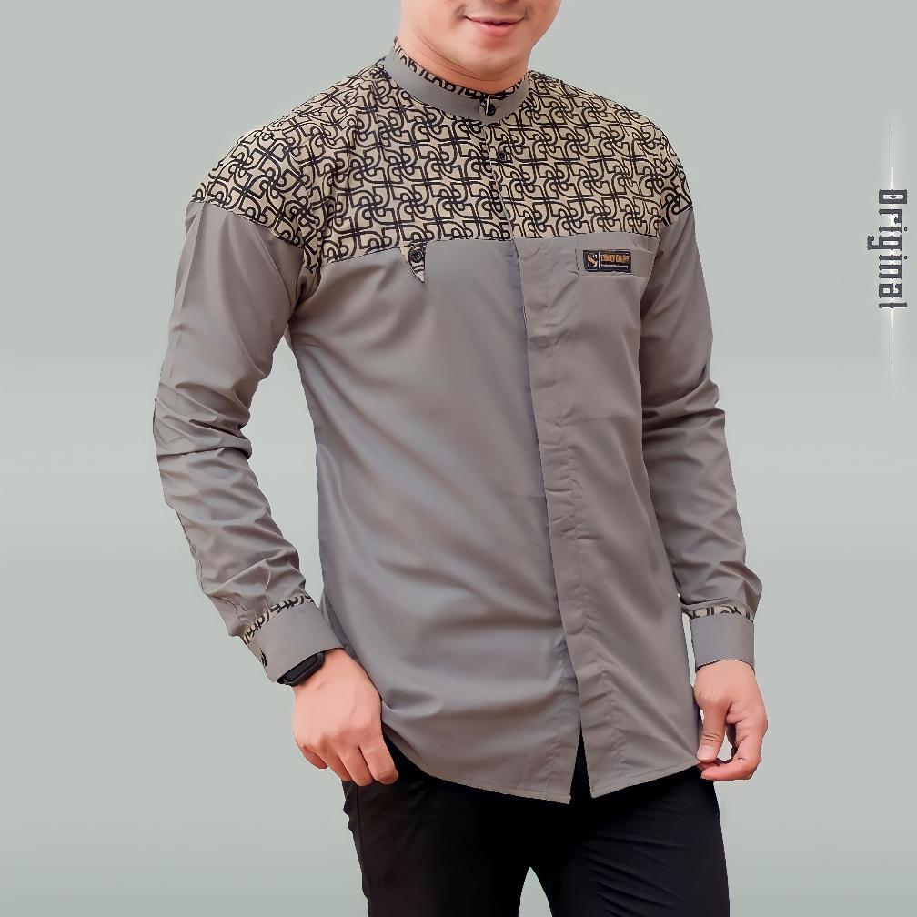 ORIGINAL BAJU KEMEJA KOKO PRIA LENGAN PANJANG KOMBINASI BATIK KLASIK MOTIF BIMA BAHAN KATUN TOYOBO