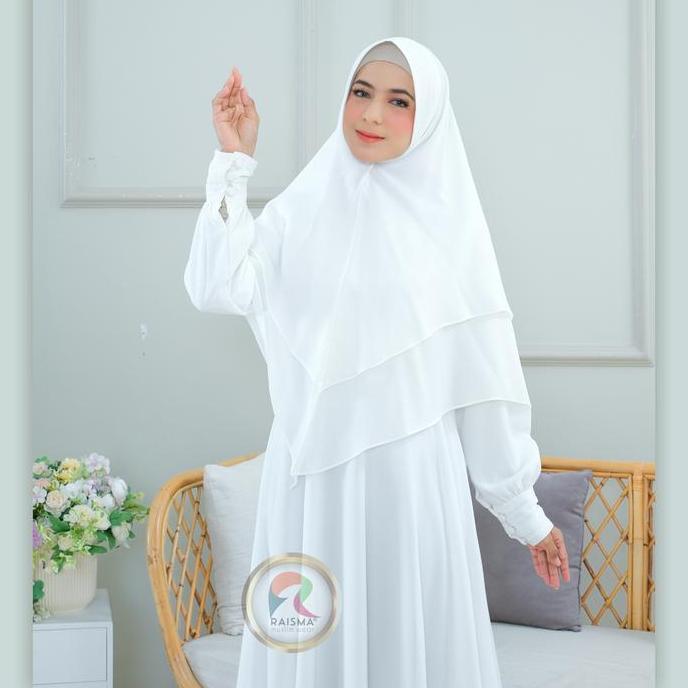 Instancodbisa- Raisma - Mafaza Gamis Syar'I Putih Set Khimar Yulita Bahan Ceruti Babydoll Baju Umroh